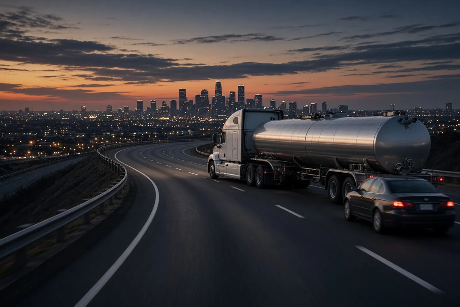 A tanker truck rounds an interstate curve beside a car, the setting of many tanker truck accident cases.