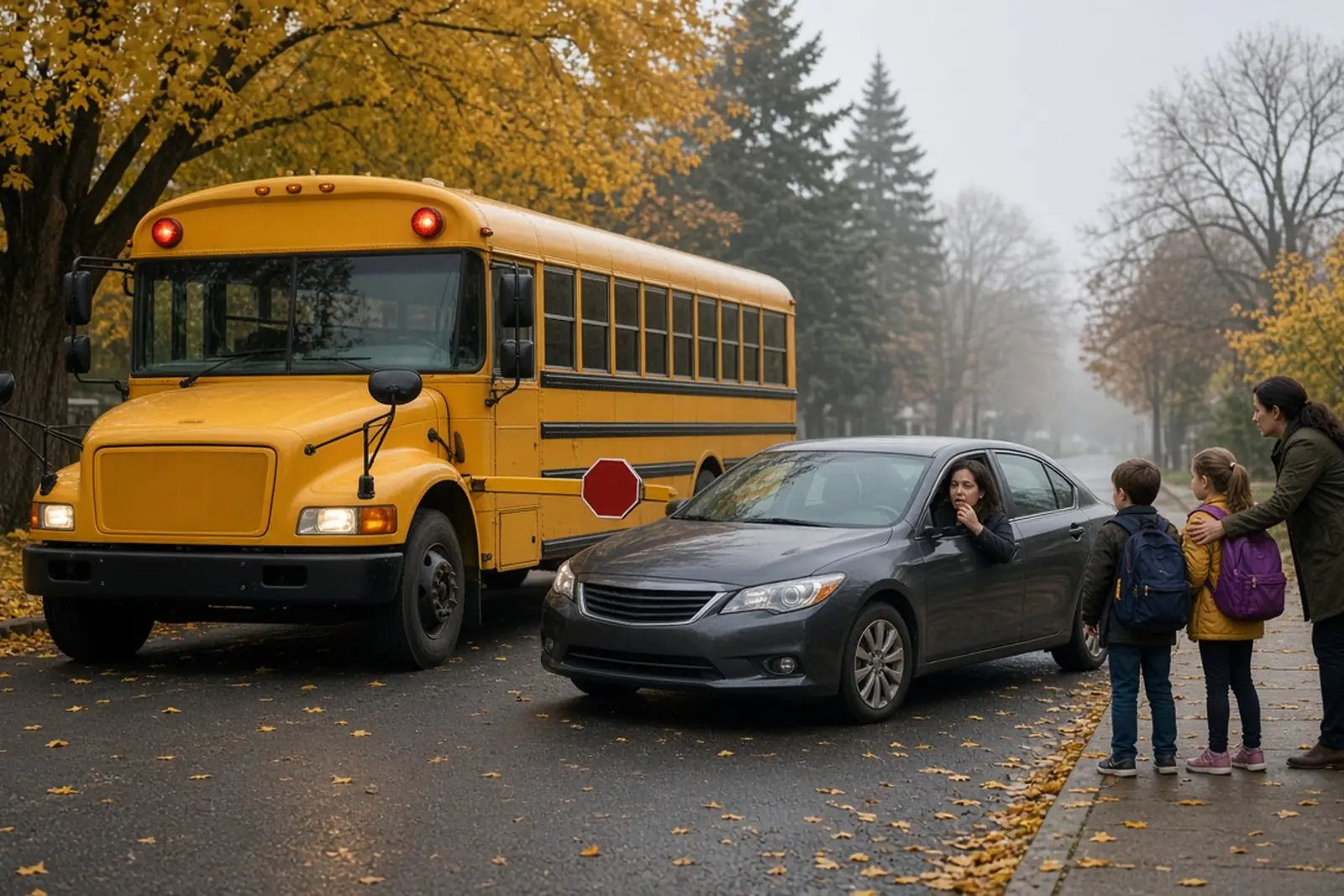 School bus accident risk in Louisville: a car has passed a stopped school bus with its stop arm out.