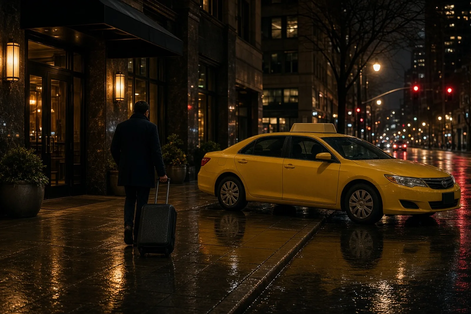 A yellow taxi waits at the curb outside a downtown Louisville hotel at night, where a taxi accident claim often starts.