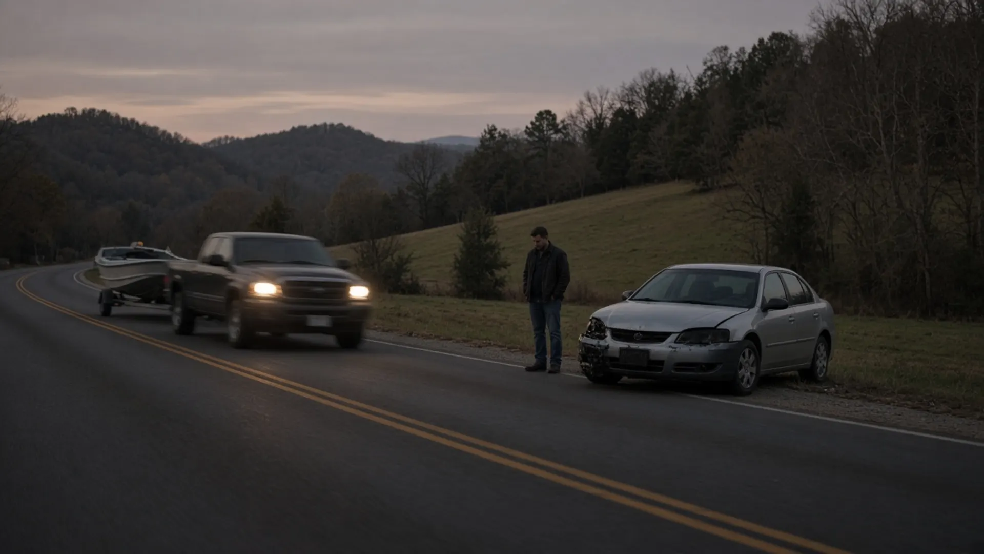 Taylorsville, KY personal injury lawyer — Commuter traffic on a winding two-lane highway through wooded hills as a driver checks a damaged car near Taylorsville