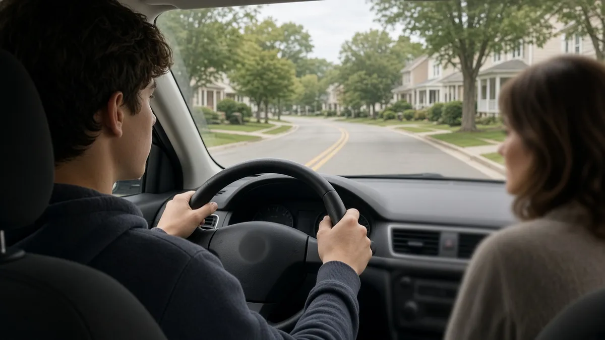 A teenage driver gripping the steering wheel with a parent in the passenger seat, a reminder of Kentucky's rules after a teen driver accident.