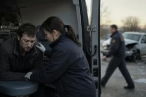 Driver being checked by a paramedic after a car accident