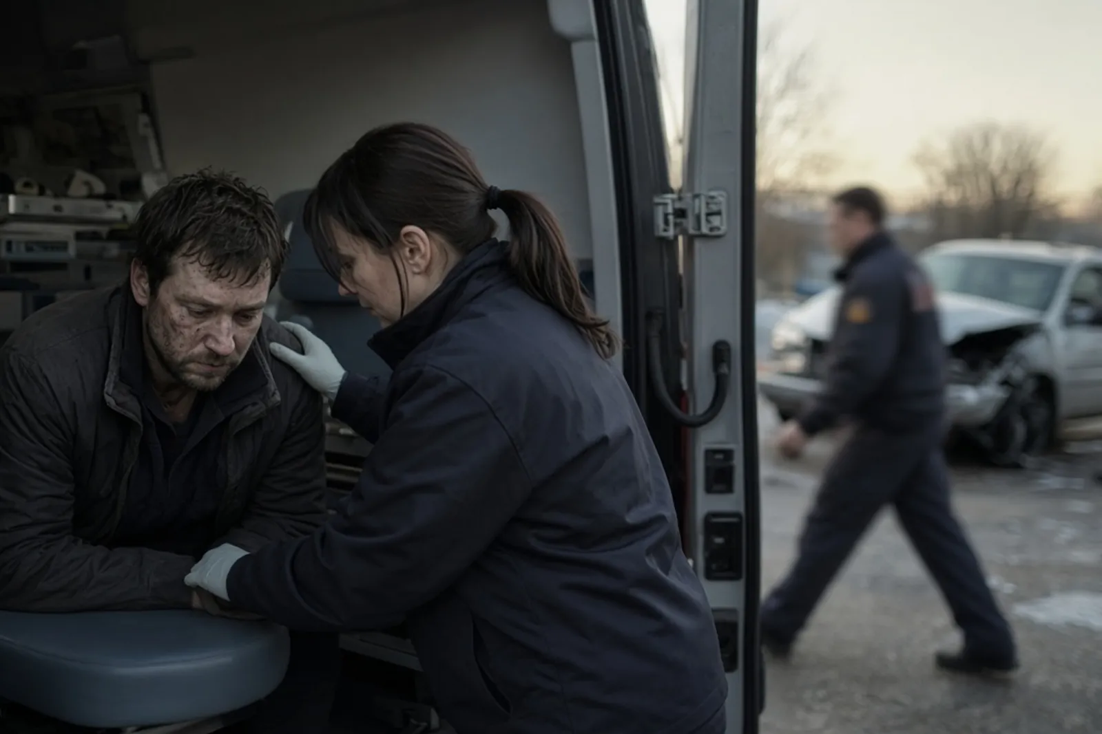 Driver being checked by a paramedic after a car accident