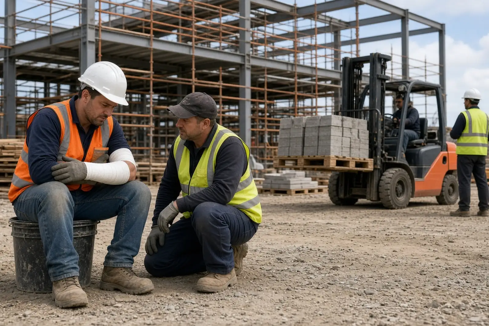 Injured construction worker with an arm splint talking with a coworker at a building site about Kentucky workers’ compensation