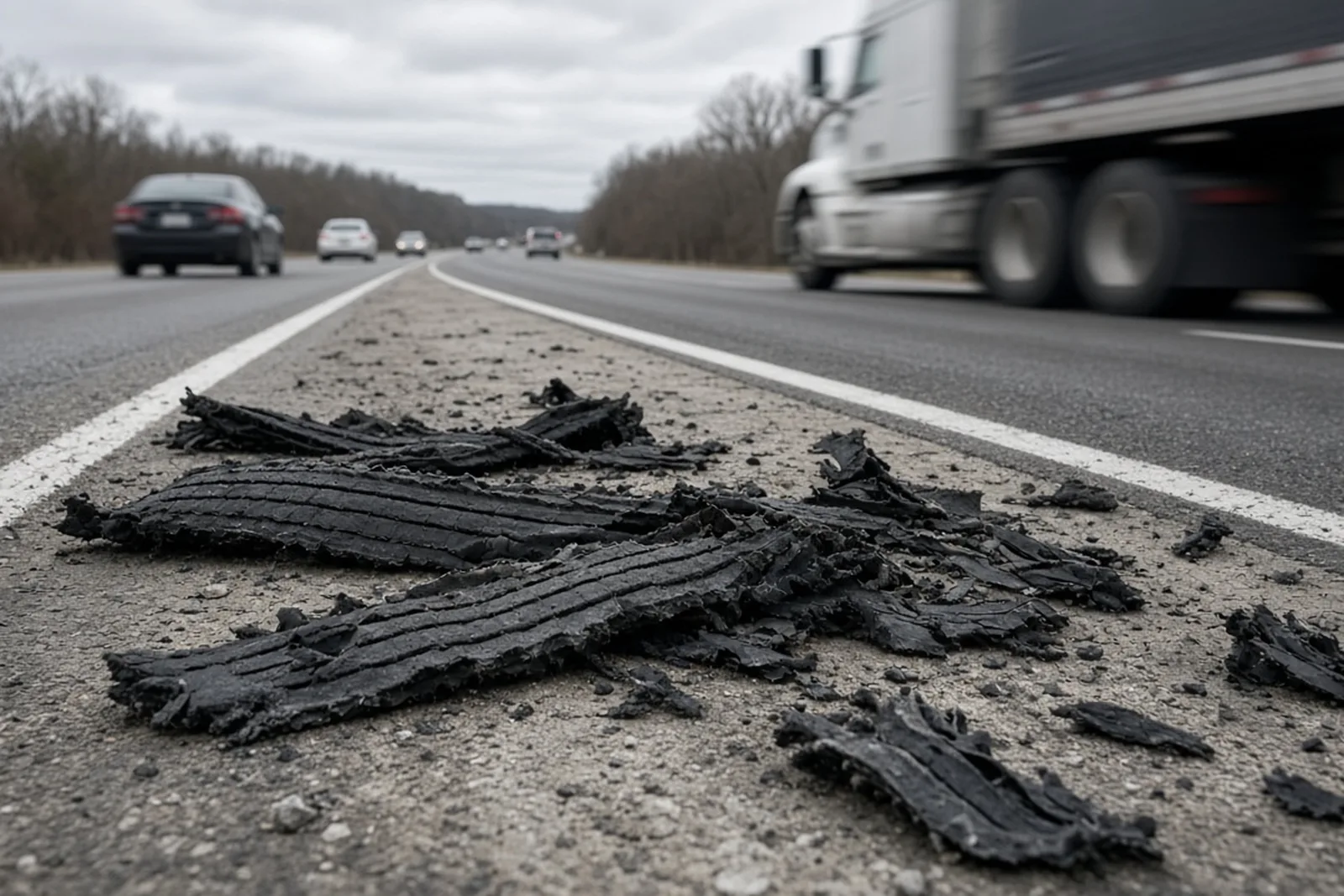 Tire blowout accident debris: shredded truck tire tread lies on the shoulder of a Kentucky interstate as traffic passes.