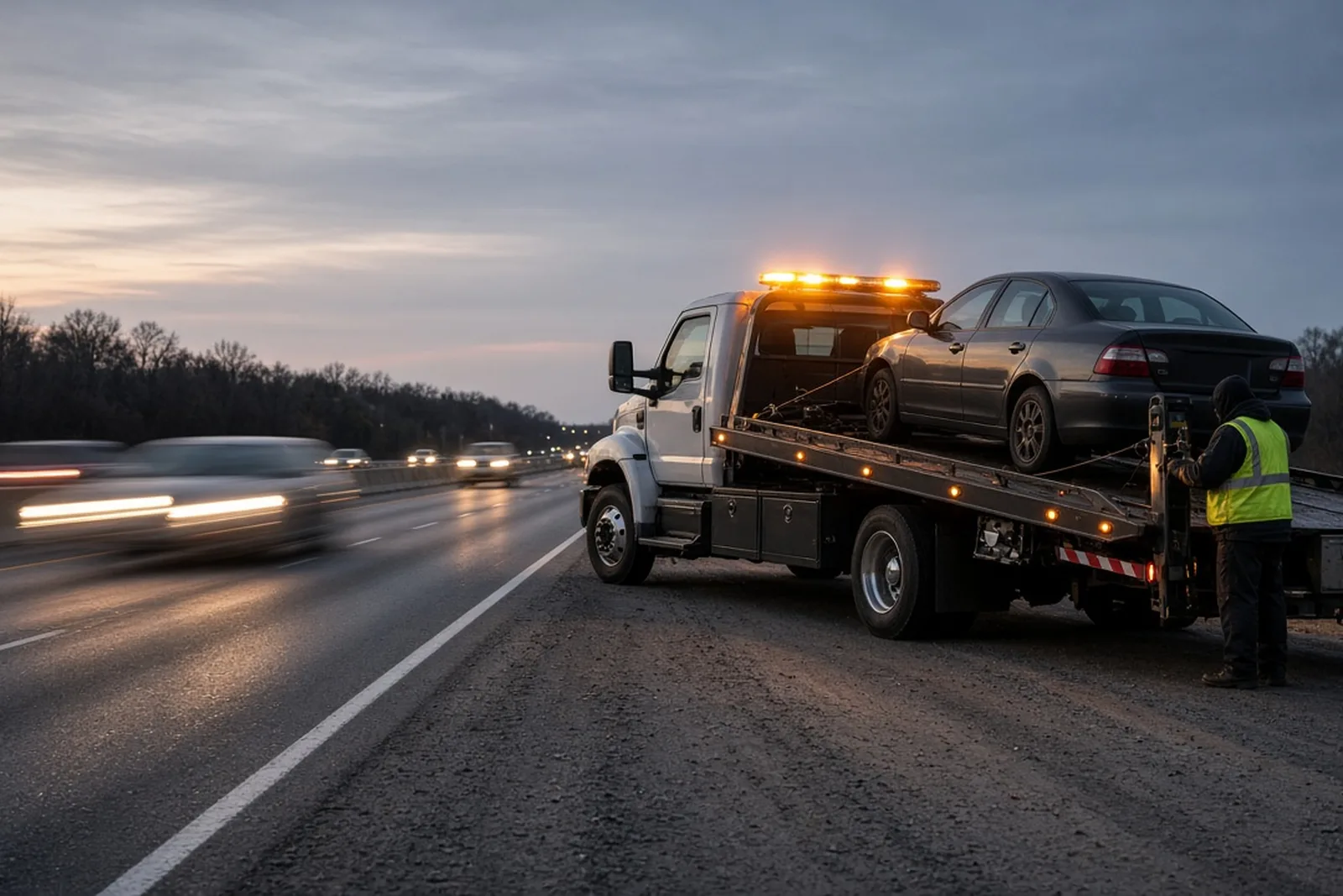 After a tow truck accident, a flatbed tow truck with amber lights loads a disabled car on the shoulder of a Louisville interstate at dusk.