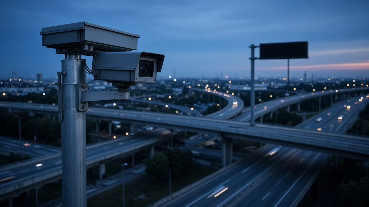 Traffic monitoring camera on a pole above a busy interstate interchange at dusk