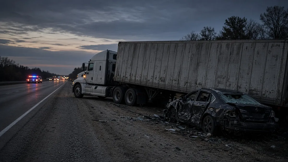 A wrecked car beside a jackknifed semi on a Kentucky highway shoulder, the kind of crash behind a truck accident settlement.