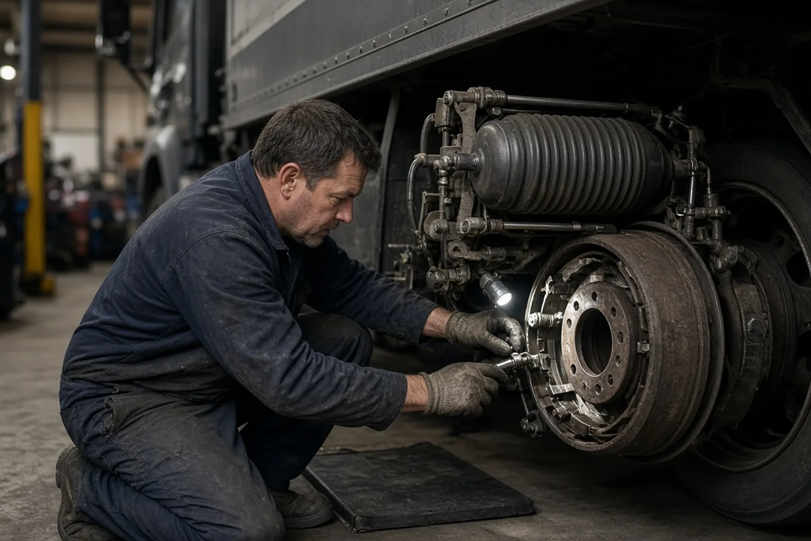 Truck brake failure: mechanic inspecting the brake drum and air brake chamber on a tractor-trailer wheel in a truck shop