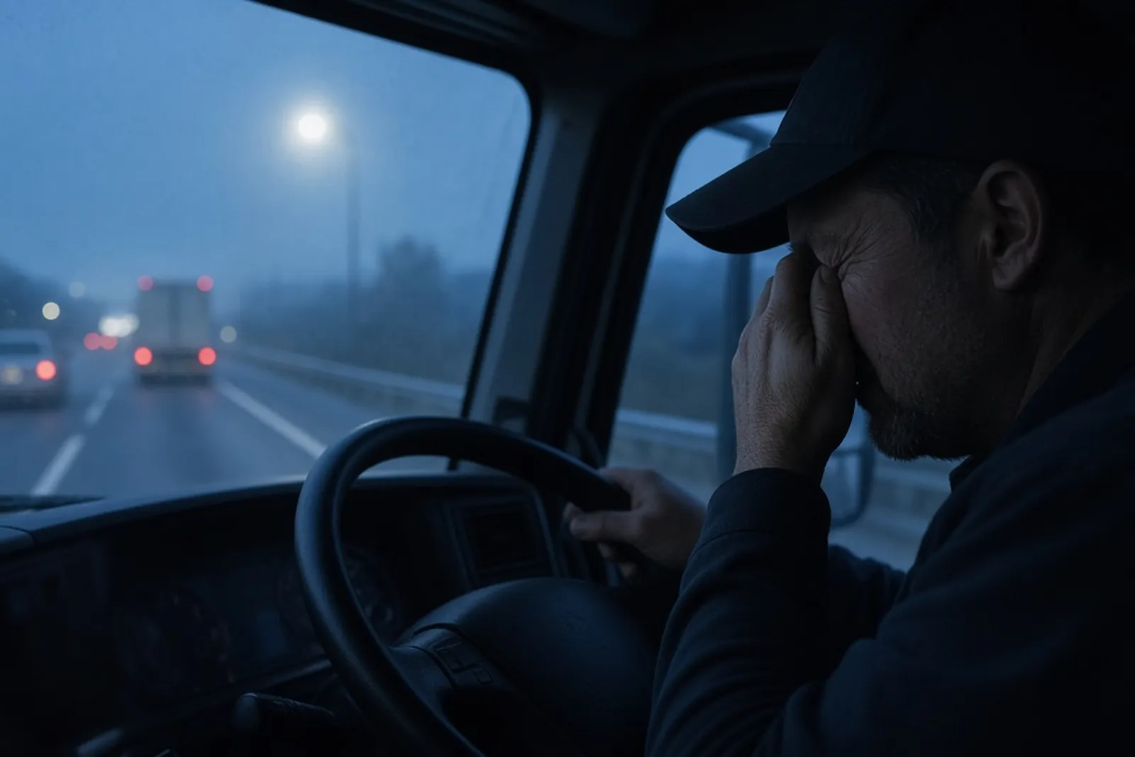 Truck driver fatigue: a semi driver rubs his eyes at the wheel on a dark interstate before dawn.