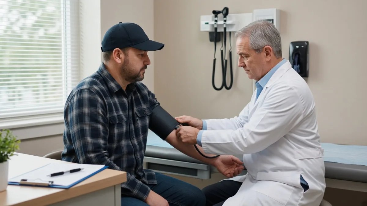 A truck driver has his blood pressure checked during a DOT medical exam, the basis of a truck driver medical card.