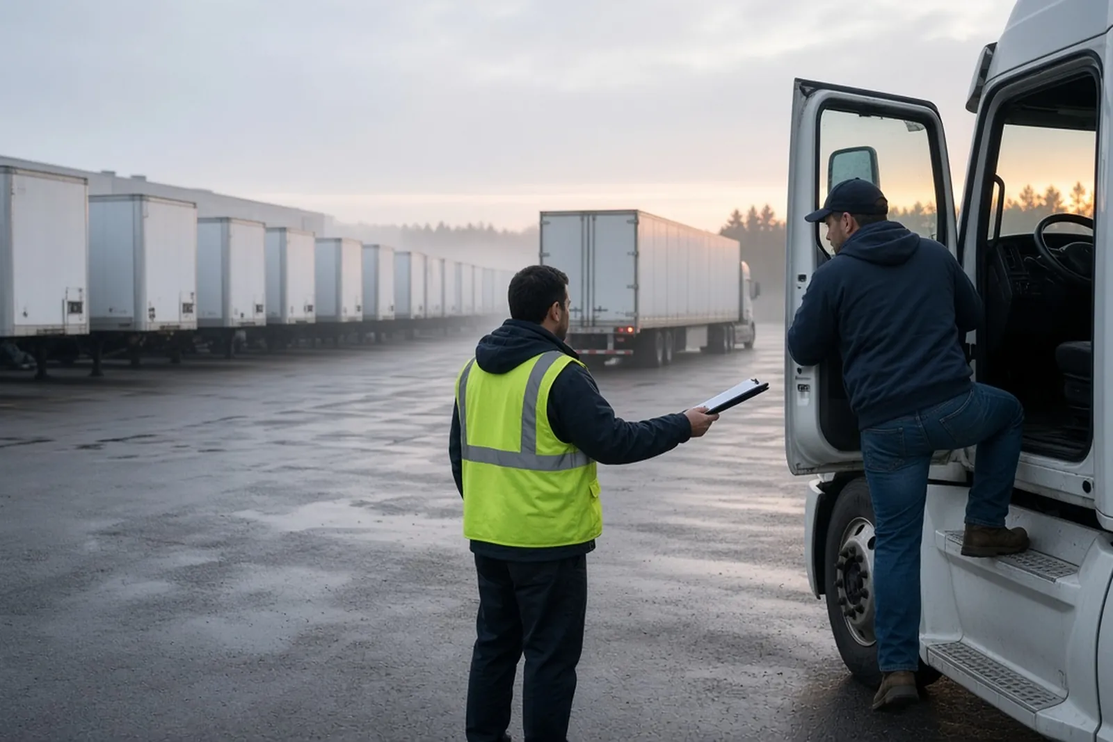 Trucking company liability: a dispatcher hands paperwork to a driver as a tractor pulls out of a terminal.