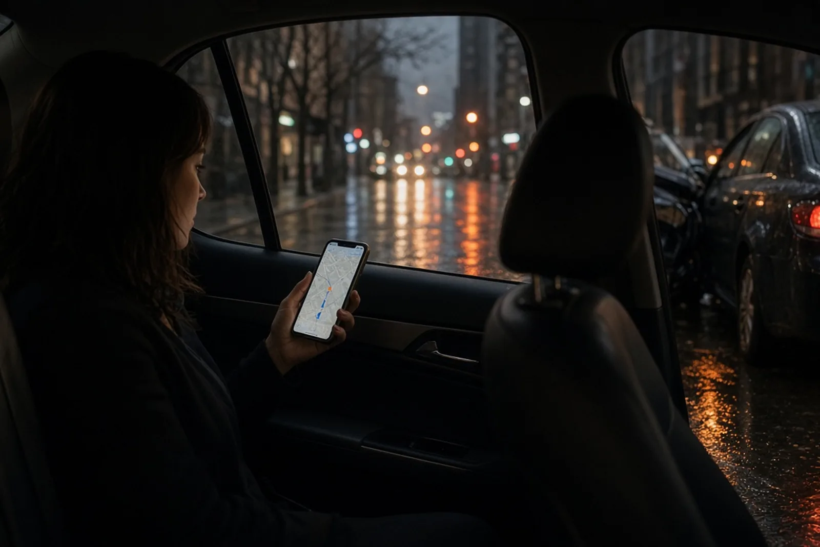 Passenger in the back seat of an Uber holding a phone on a rainy city night, before an accident