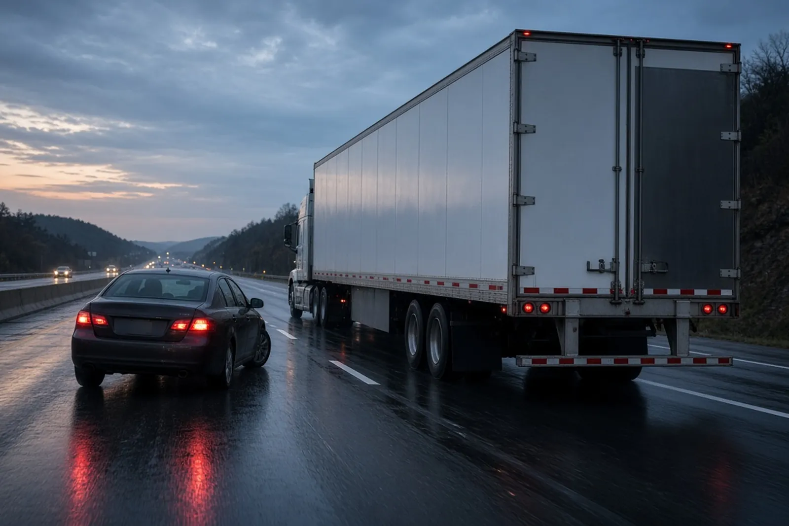 Underride accident risk: a sedan brakes hard behind a semi-trailer's low rear impact guard on a wet interstate.