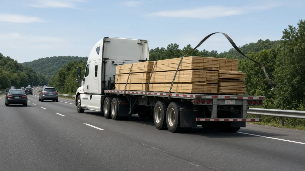A flatbed truck hauling lumber with loose straps on a Kentucky interstate, the kind of unsecured load that causes truck accidents.