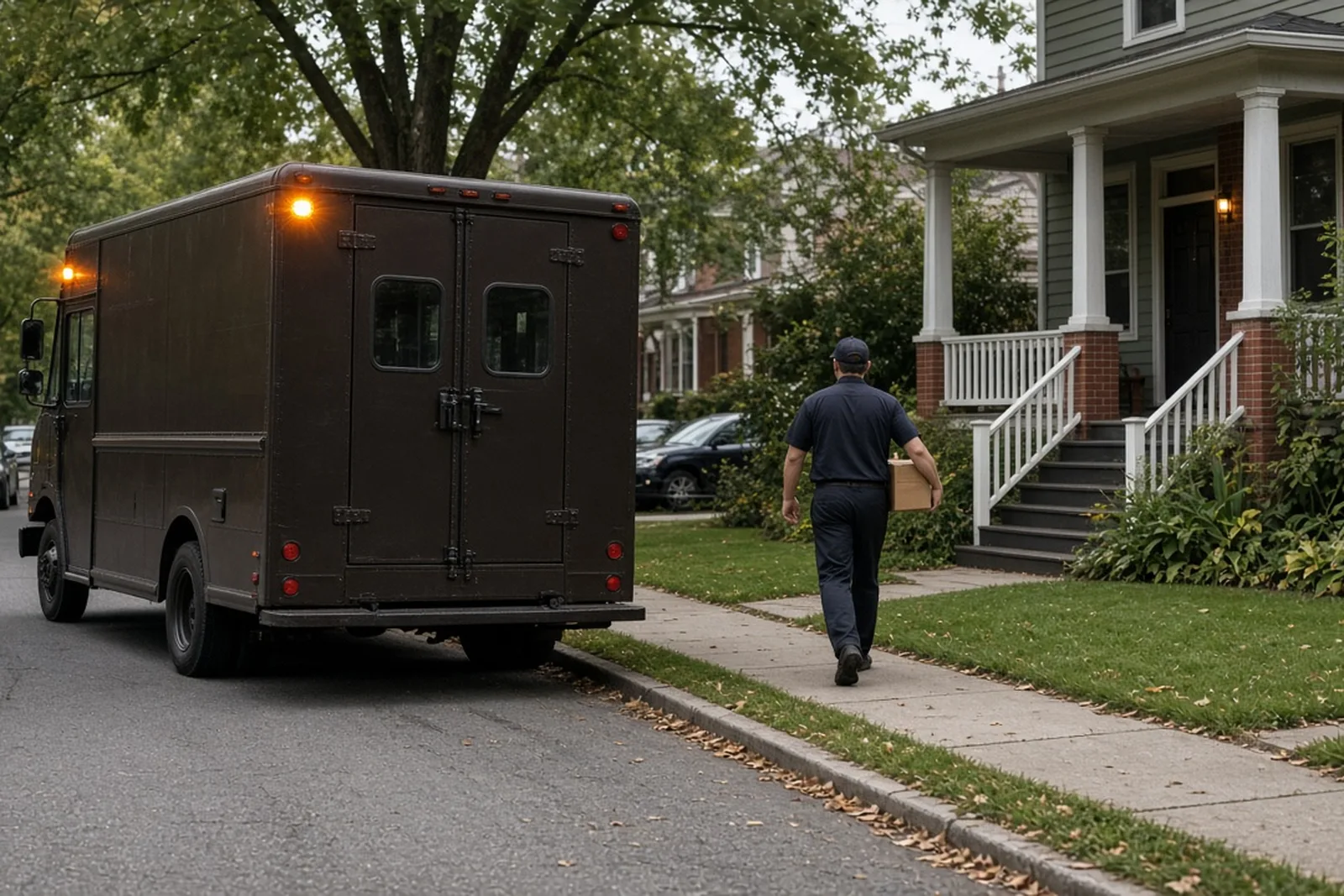 A brown UPS delivery truck is stopped along a residential Louisville street with its hazard lights on after a truck accident.