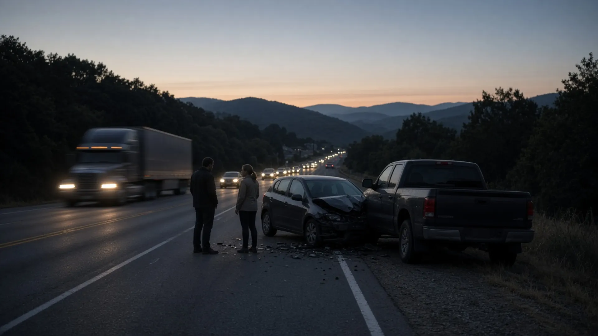 Valley Station personal injury lawyer — Commuters stopped after a crash on a suburban highway near a freeway end as traffic heads south out of Valley Station at dusk