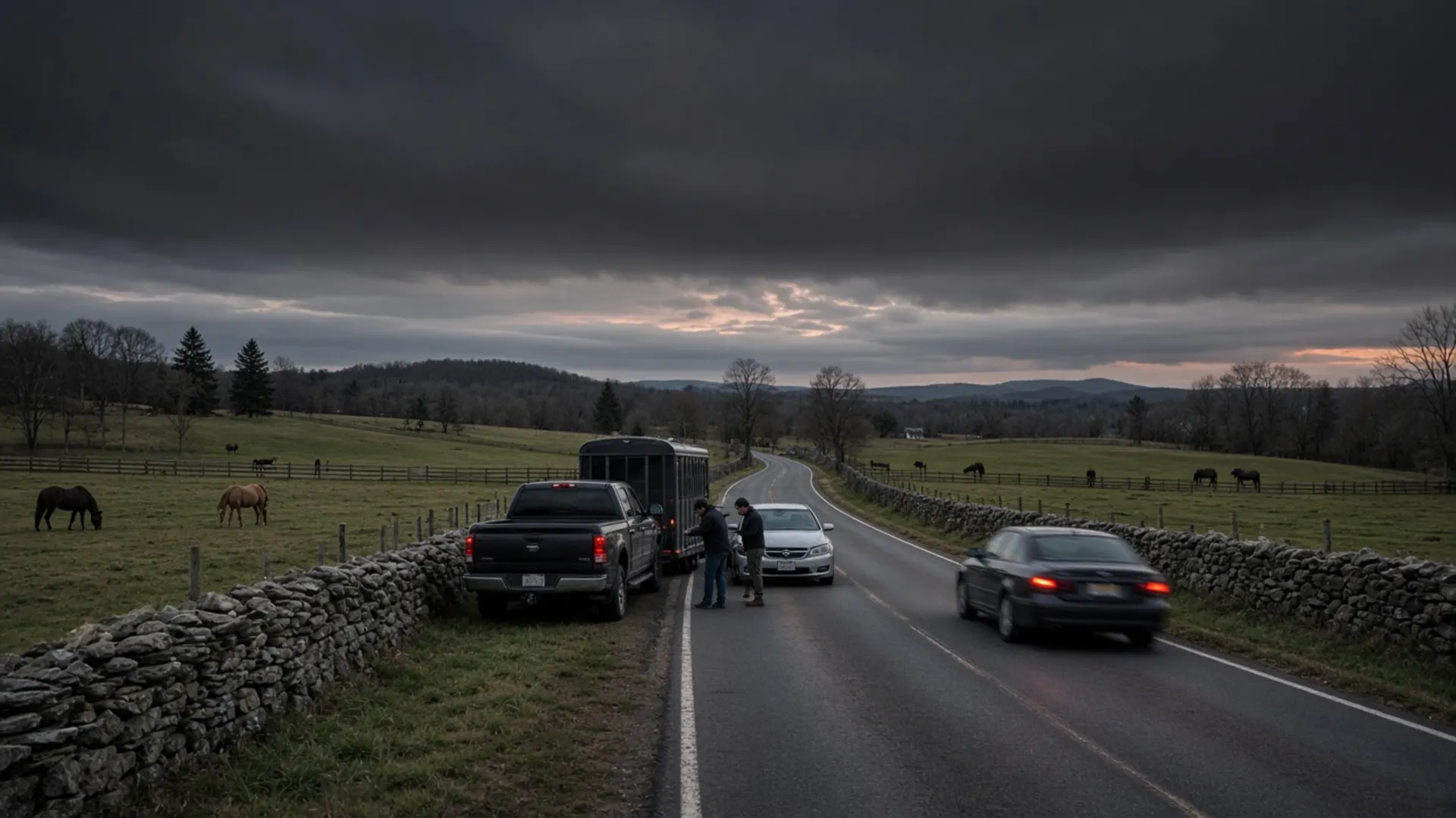 Versailles, KY personal injury lawyer — Pickup and car stopped after a crash on a stone-fence horse-country road near Versailles