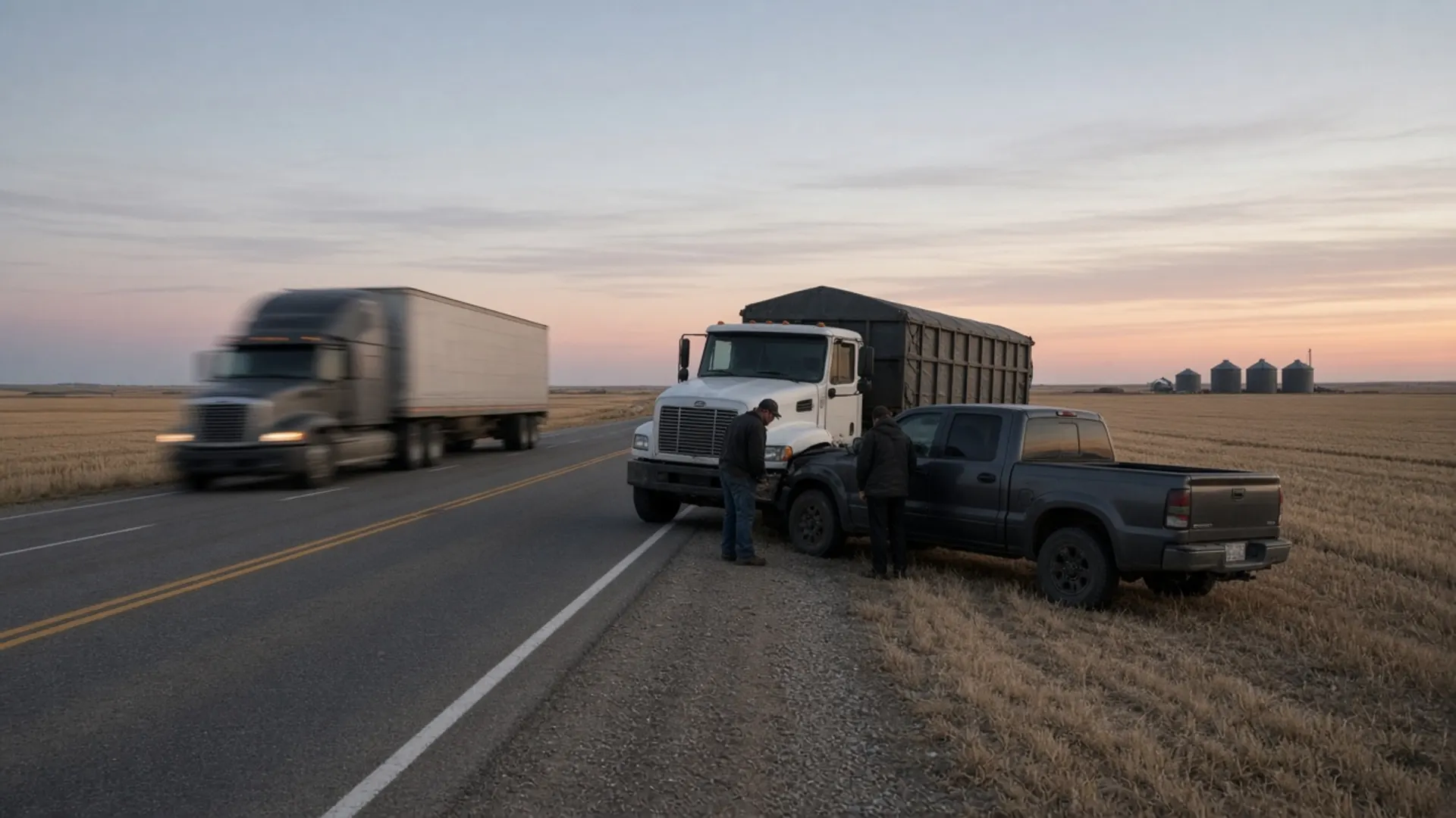 Western Kentucky personal injury lawyer — Farm truck and pickup stopped on a rural two-lane highway between harvested fields in Western Kentucky at dusk