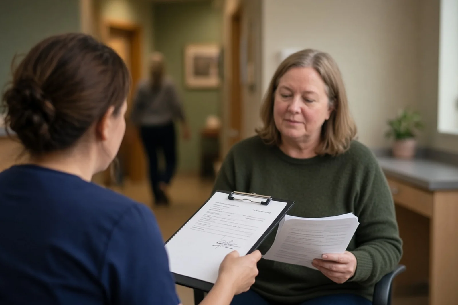 Clinic staff reviewing a letter of protection document with an injured patient