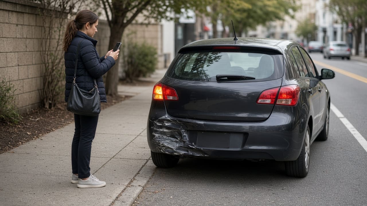 Knowing what to do after a car accident in Louisville, a driver crouched on a city sidewalk photographs a dented rear bumper with a smartphone after a minor rear-end collision.