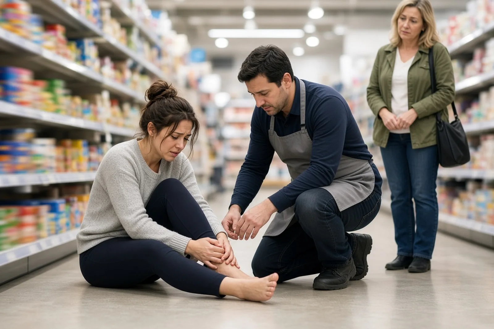 What to do after a slip and fall: woman sitting on a store floor holding her ankle while an employee kneels beside her with a phone