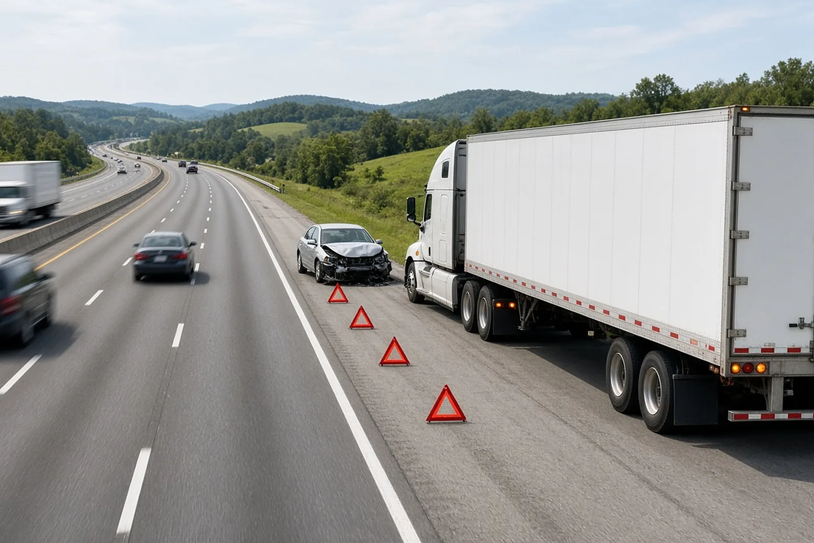 What to do after a truck accident: white tractor-trailer and a damaged sedan stopped on a Kentucky interstate shoulder behind red warning triangles