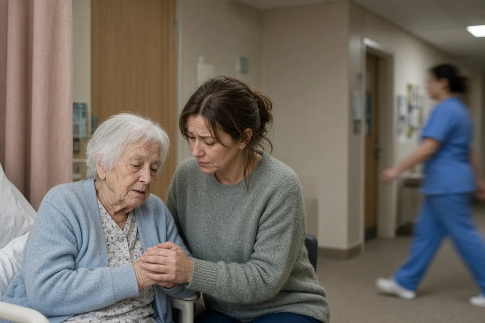 Elderly resident sitting alone in a nursing home room