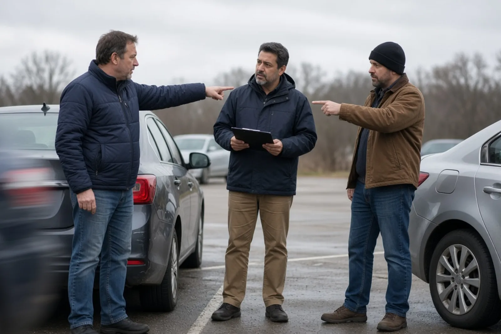 Two drivers exchanging information after a minor collision