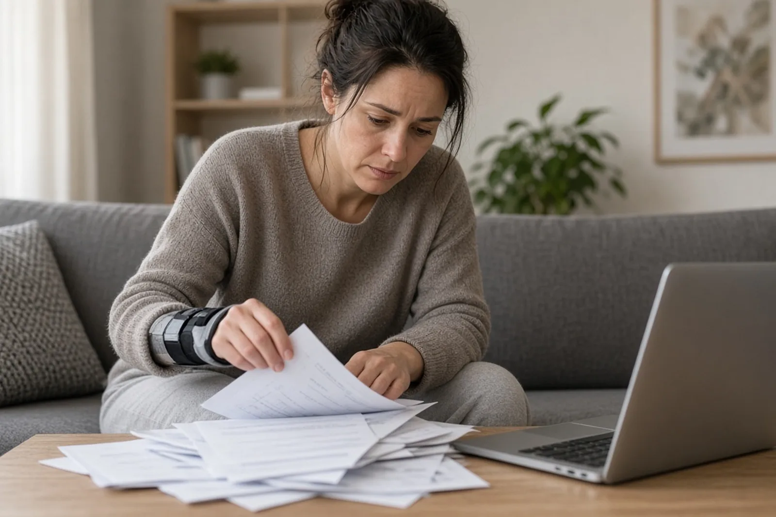 A woman at home wonders who pays medical bills as she reviews a stack of bills and insurance statements after a car accident.