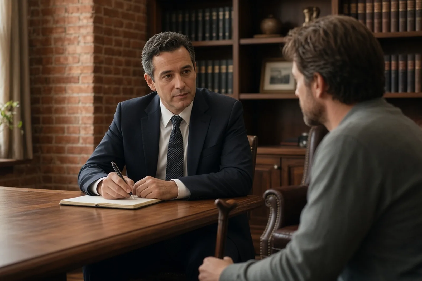 Attorney in a suit meeting with a client across a desk in a law office, explaining why choose us