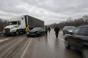 Wrecked semi truck on a highway after a commercial truck crash