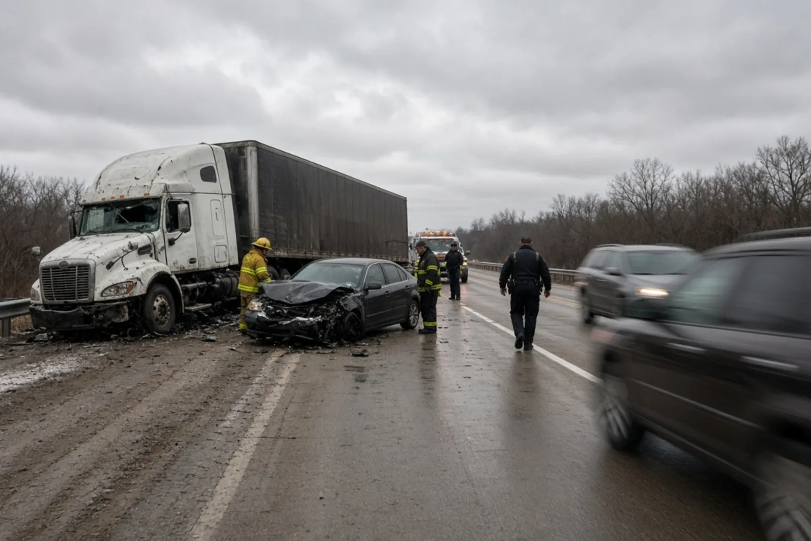 Wrecked semi truck on a highway; commercial truck wrecks differ from car crashes