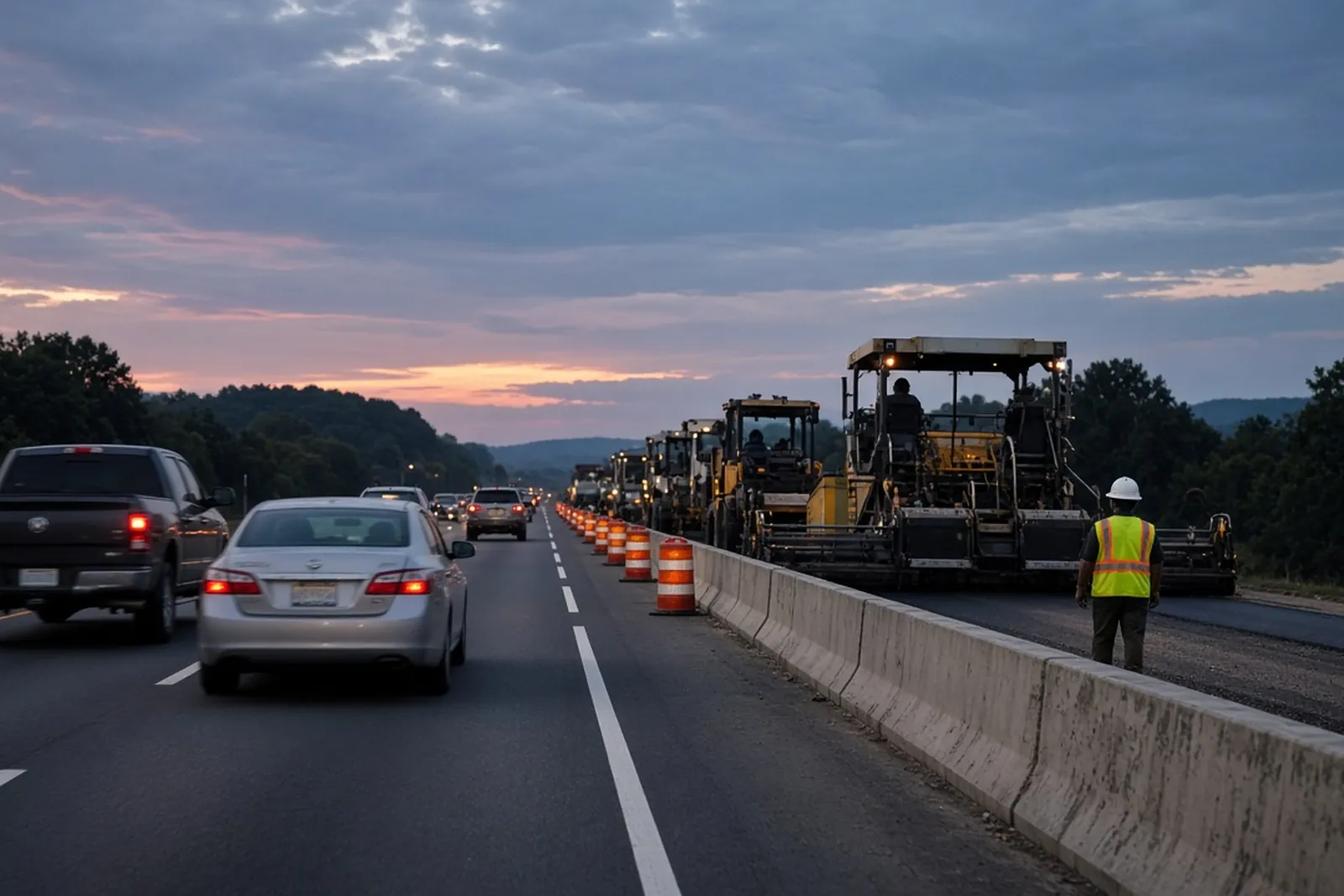 Work zone accident risk: traffic merges into one lane past a paving crew on a Kentucky highway at dusk.