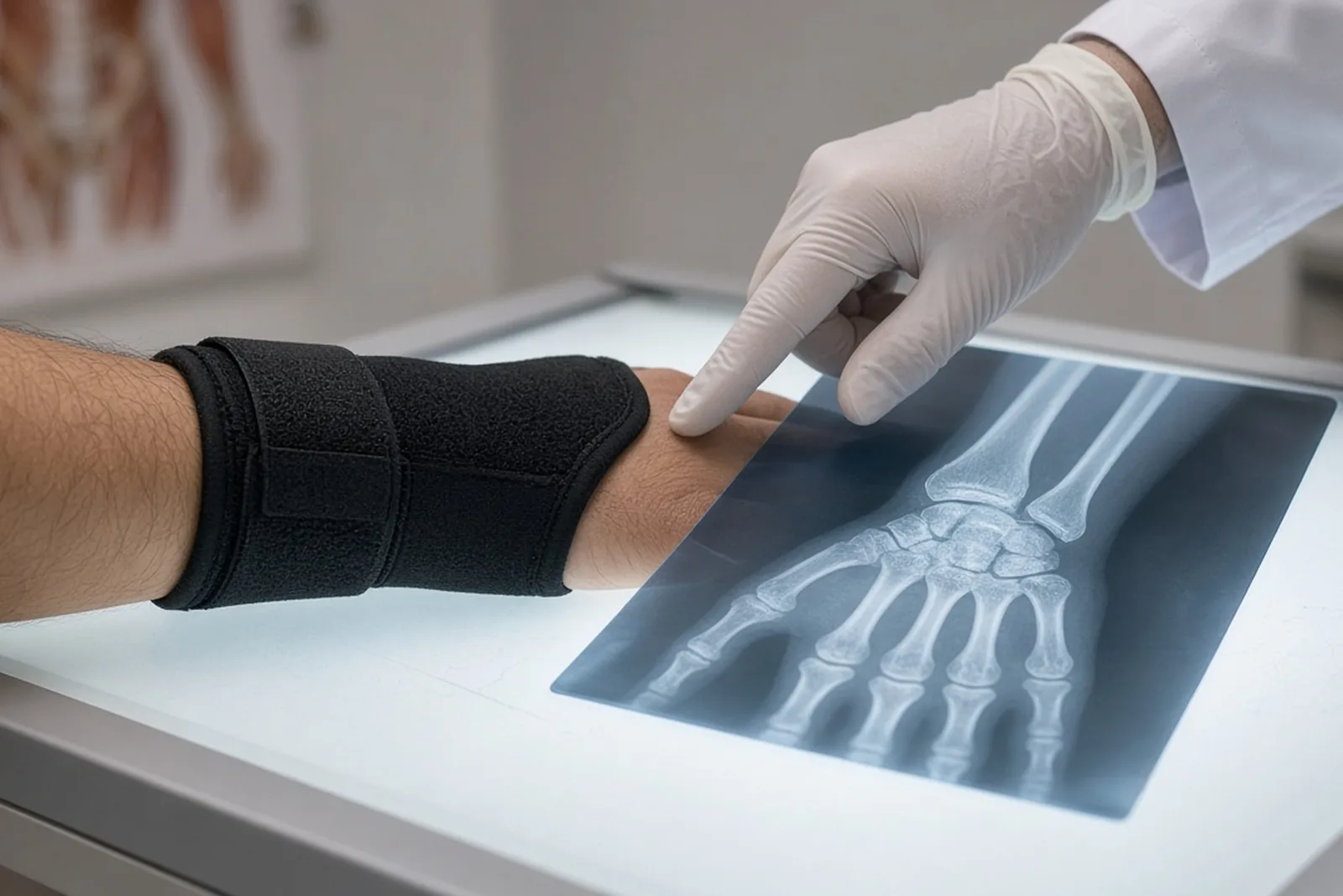 Doctor reviewing a wrist X-ray, evidence a wrist injury lawyer uses, on a light panel beside a patient’s forearm cast