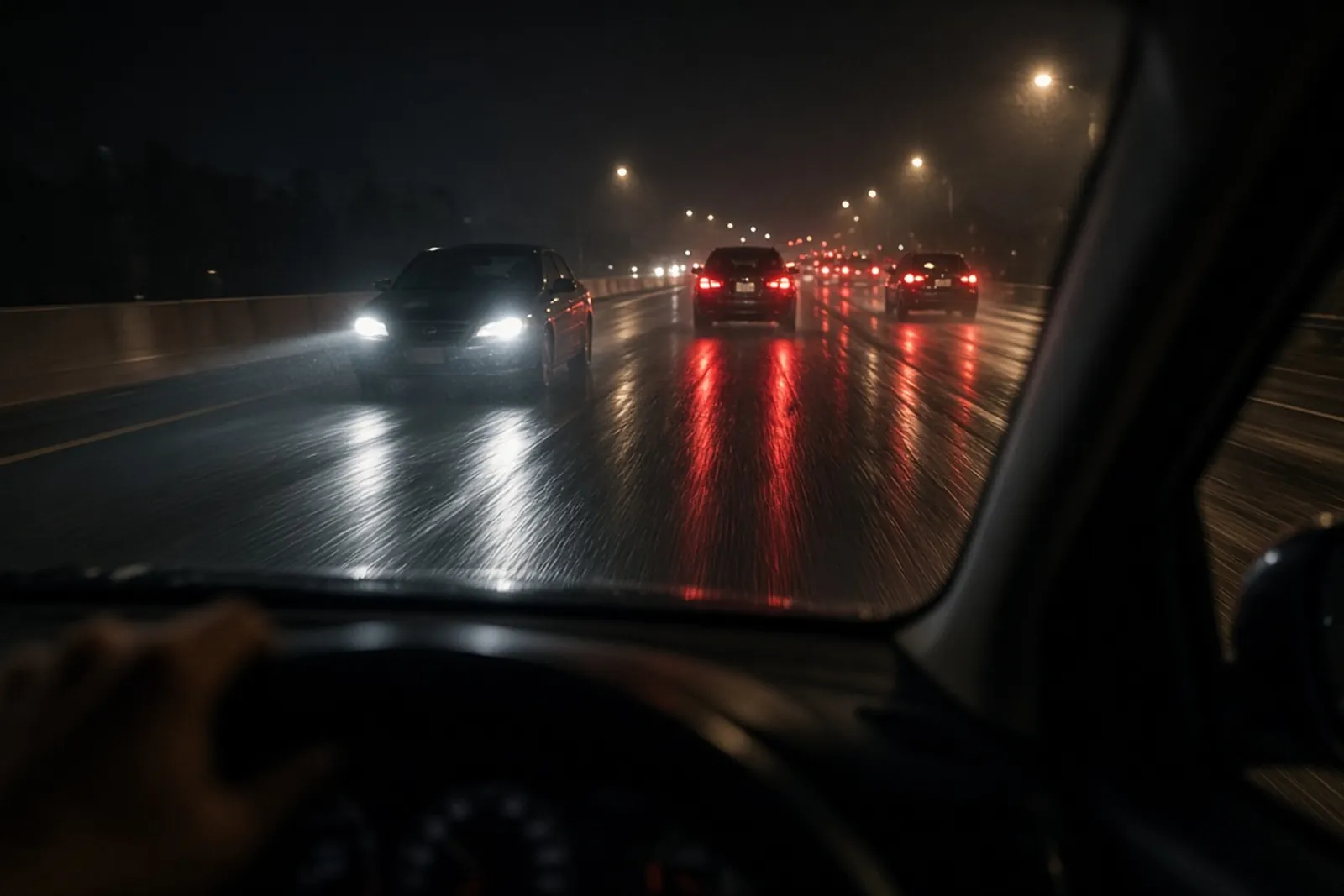 Wrong-way driver accident risk: headlights approach in the wrong direction on a dark Kentucky interstate.
